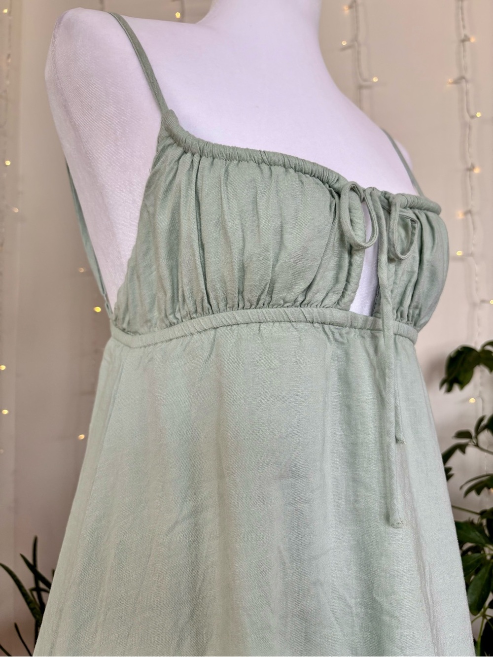Princess Polly Sage Green Linen Blend Babydoll Micro Mini Dress Tie Front - Picture 8 of 11